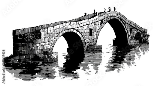 A detailed pen-and-ink drawing of an old stone bridge over a body of water, with reflections