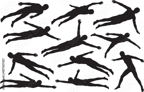Silhouette of people swimming, water exercise, physical activity, vector illustration