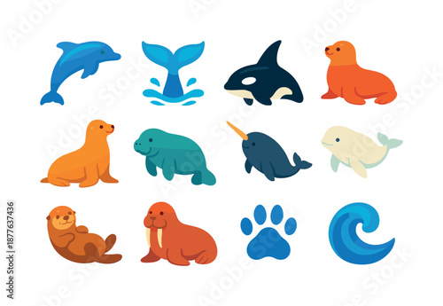 Marine Mammal Icons. marine mammals. Colorful flat vector icons set of marine mammals: dolphin silhouette, whale tail splash, orca dorsal fin, seal resting
