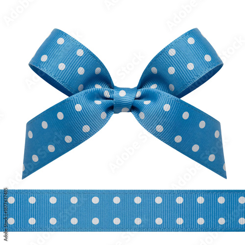 Blue polka dot ribbon bow in elegant style with soft lighting on white background for gift wrapping