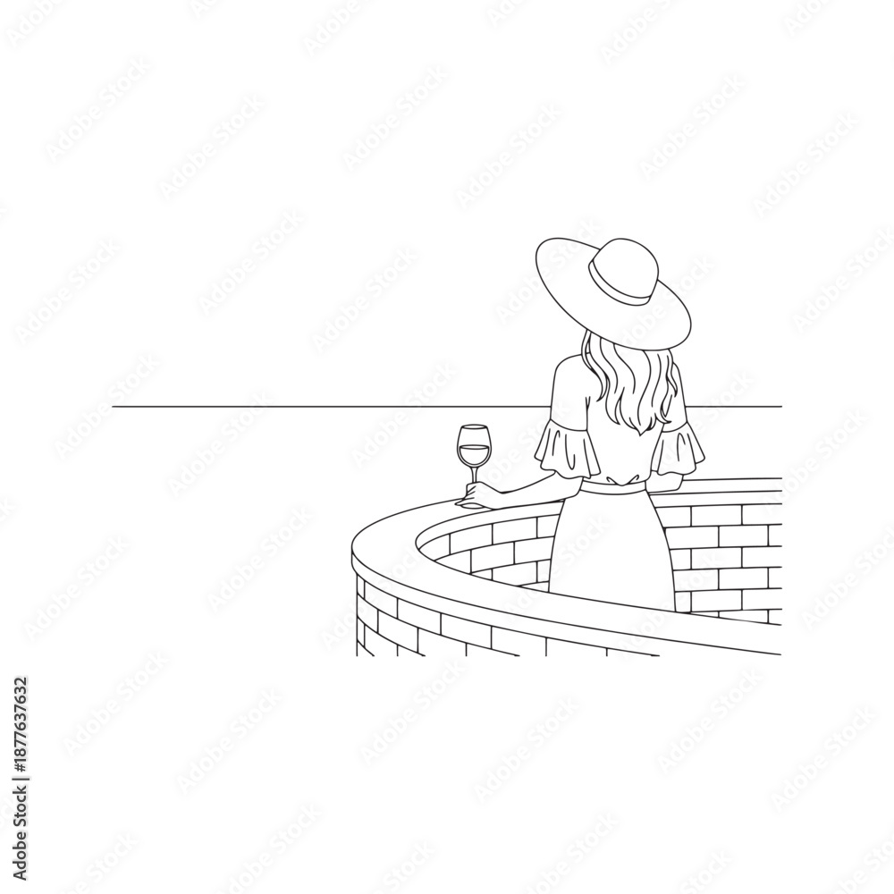 Naklejka premium Woman with big hat drinking wine on balcony, back view vector line art. Female character leaning on brick wall looking at copy space. Minimalist holiday sketch. 