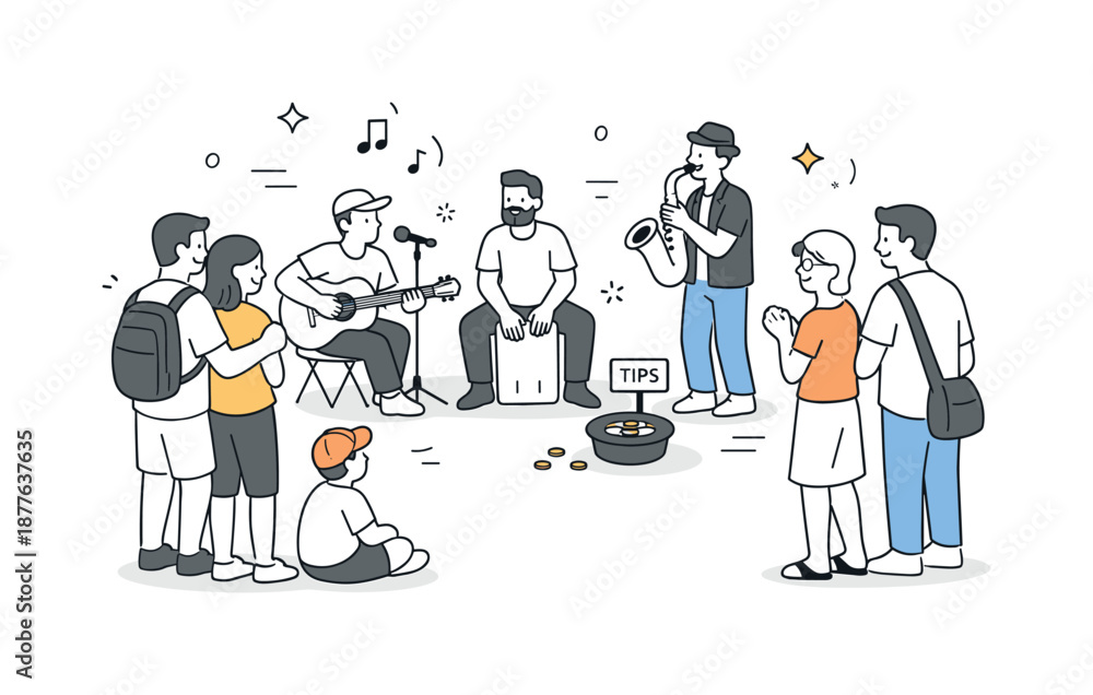 Fototapeta premium Street Music Vibes. Street music performance crowd. Passersby stopping to listen and smile, friendly interaction and spontaneous cultural moment. Minimalist