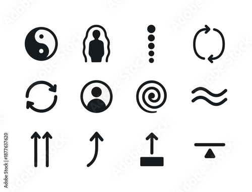 Energy Balance Icons. Therapeutic touch. Solid icon set of energy-balancing imagery: yin?yang, layered aura, chakra column, energy loop, circulation arrows,