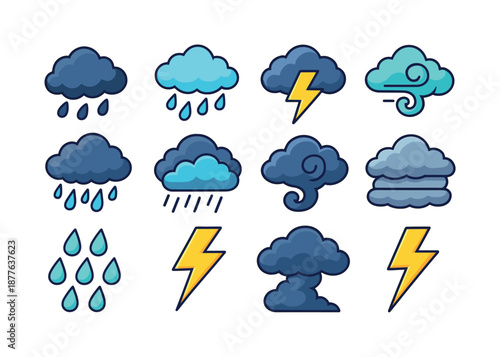 Stormy Cloud Icons. stormy clouds. Colorful isometric vector icons set of stormy clouds: dark thundercloud, rain cloud, lightning bolt cloud, swirling wind