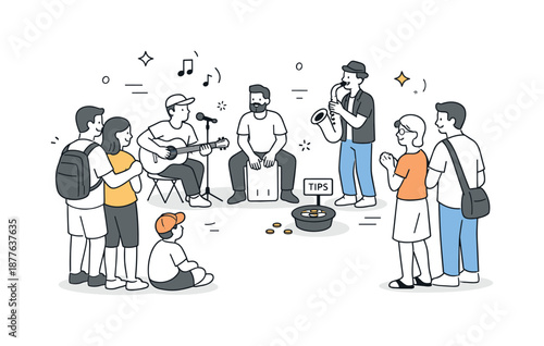 Street Music Vibes. Street music performance crowd. Passersby stopping to listen and smile, friendly interaction and spontaneous cultural moment. Minimalist