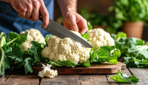 Fresh Cauliflower Being Prepared With A Knife On A Wooden Cutting Board With Green Leaves And Rustic Background In Soft Natural Lighting