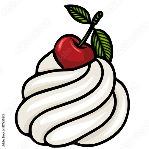 Swirled whipped cream vector illustration with a red cherry and green leaves