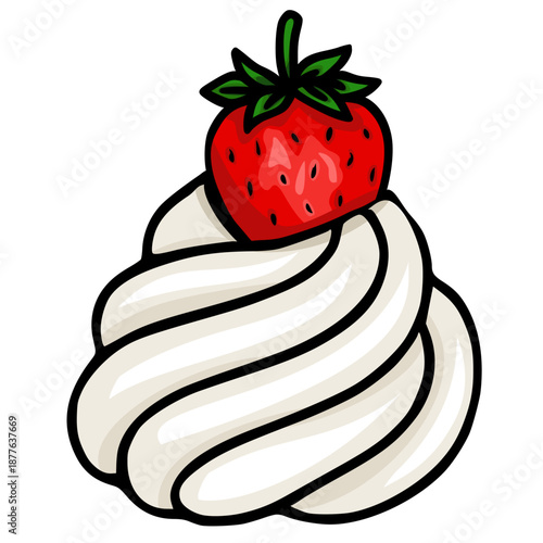 Swirled Whipped Cream vector illustration with a fresh strawberry on top.