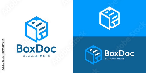 Creative simple box doc logo template. Abstract box with file paper logo design vector illustration.