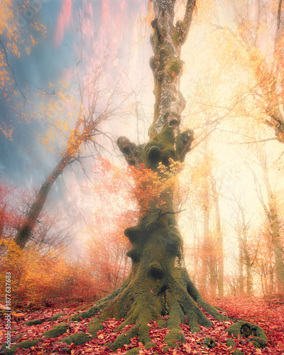 Ancient Beech Tree in Autumn Mist