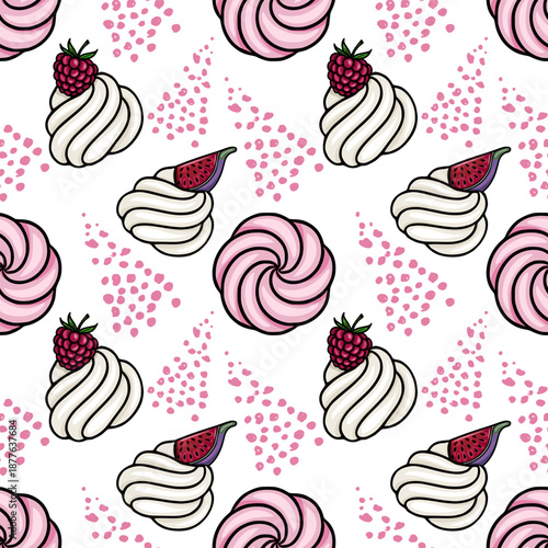 Whimsical seamless vector pattern of fluffy meringue swirls with fresh raspberries and fig slices, set against a backdrop of scattered pink dots.