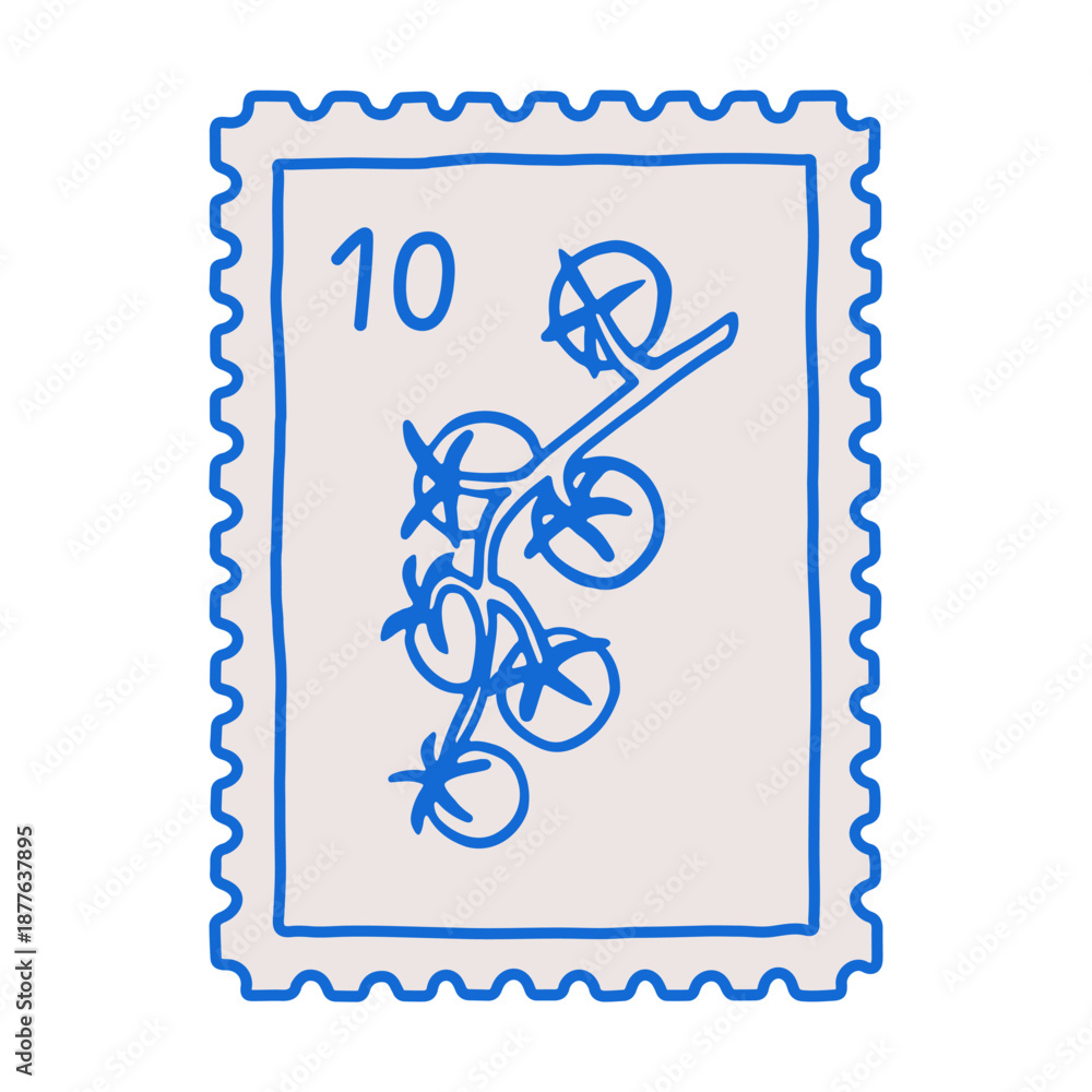 Obraz premium Cherry tomato branch, postal stamp, mark design in Italian doodle dolce vita style. Post card, postmark with agriculture plant, sketch drawing, perforated edges. Flat vector illustration