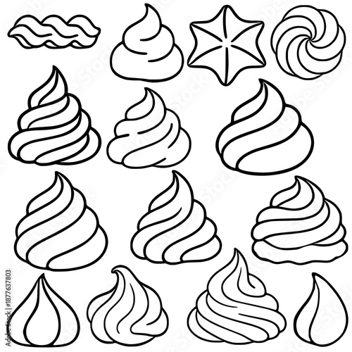 Whipped cream swirls outline vector illustration, various piped frosting shapes, isolated on white background