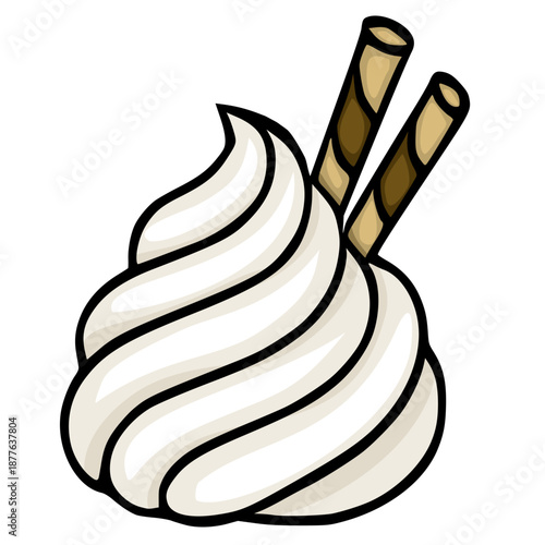 Creamy whipped cream dessert vector illustration with wafer rolls
