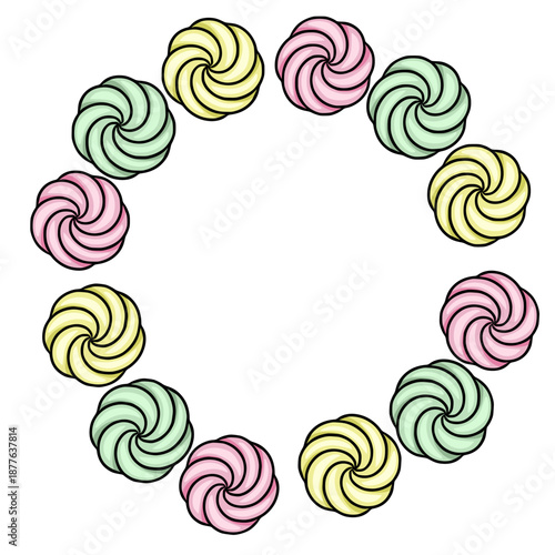 Whimsical vector illustration of pastel meringue swirls forming a decorative frame