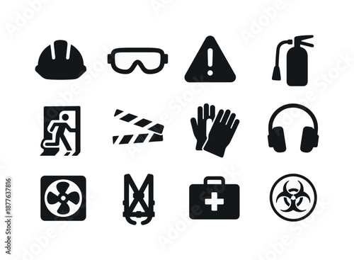 Factory Safety Icons. Safety in factories. Solid icon set of safety in factories: hard hat, safety goggles, warning sign, fire extinguisher, emergency exit,