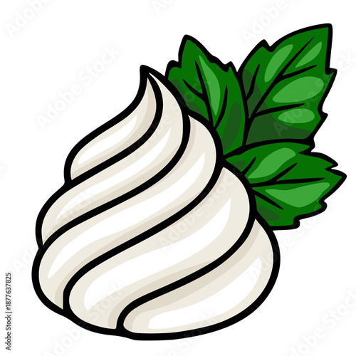 Swirled whipped cream vector illustration with fresh green mint leaves