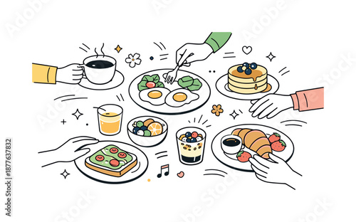 Spring Brunch Delight. Spring brunch moment. A cozy editorial illustration with hands reaching for plates and cups on a brunch table, light motion lines and