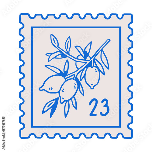 Postal stamp with hand-drawn lemon branch with fruits and leaves. Citrus, post mark in doodle sketch italian Dolce vita style. Summer postmark with plant, botanical design. Flat vector illustration