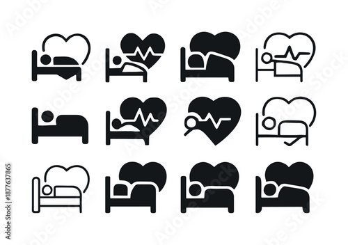 Sleep Science Icons. The science of sleep and its impact on health. Icon set. Set Logo of The science of sleep and its impact on health: sleep cycle graph.