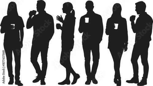 Silhouette of people drinking coffee, casual interaction, office break, professional discussion, vector illustration