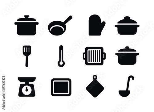 Black Cooking Tools Icons. Cooking tools. Solid icon set of cooking tools: pressure cooker, frying pan, oven mitt, pot lid, spatula, thermometer, grill pan,