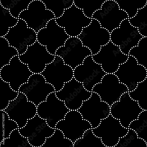 Black and white background. Modern geometric texture with shaped tiles. Dotted grid.