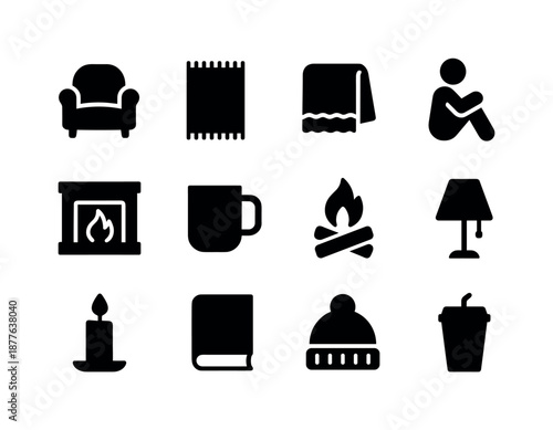 Cozy Indoor Icons. Relaxing indoors. Solid icon set of relaxing indoors: armchair icon, floor rug, warm blanket, seated posture, fireplace flame, mug icon,