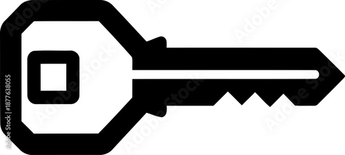 A black and white image of a single key with a square hole