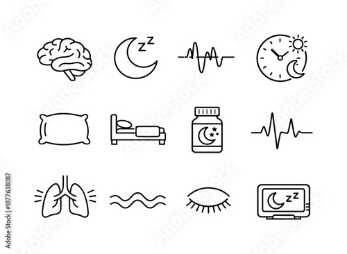 Sleep Science Icons. The science of sleep and its impact on health. Line icon set of the science of sleep and its impact on health: brain, crescent moon, sleep