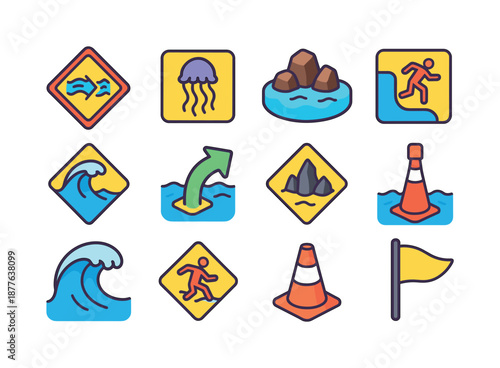 Coastal Hazard Icons. Coastal hazards. Colorful isometric vector icons set of coastal hazards: rip current sign, jellyfish warning, rocky reef icon, sudden
