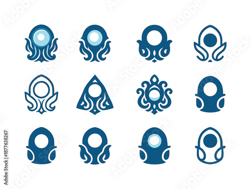 Atlantean Myth Logos. Atlantean myth. Icon set. Set Logo of Atlantean myth: glowing orb relic. harmonious logo variations: Filled silhouette, Stylized detail,
