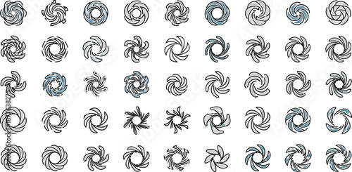 Swirl and Vortex Vector Icons Set Abstract line art designs with subtle blue accents.eps