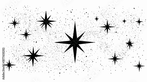 A white background with black starbursts and dotted effect, creating a celestial or cosmic ambiance