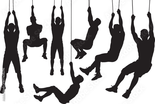 Silhouette of climbers hanging from ropes, adventure challenge, rock climbing, vector illustration