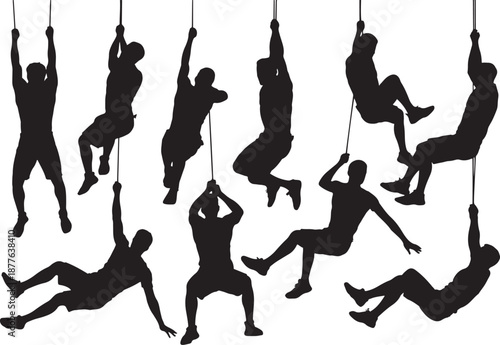 Silhouette of climbers hanging from ropes, rock climbing, adventure, strength, vector illustration