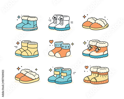 Cozy Winter Footwear Icons. Warm winter footwear icons. Friendly icon set showing warm boots and cozy footwear for cold seasons, calm everyday lifestyle mood.