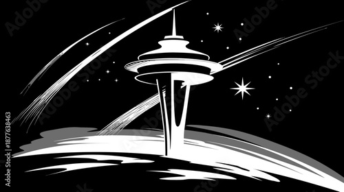 Black and white illustration of a tower-like structure with a flying-saucer-like top, and starry night background