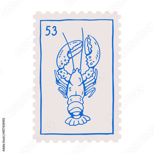 Postal stamp, mark design with lobster sketch. Mediterranean sea food, postmark in frame. Seafood, Italian cuisine, post drawing in retro dolce vita hand-drawn style. Flat vector illustration