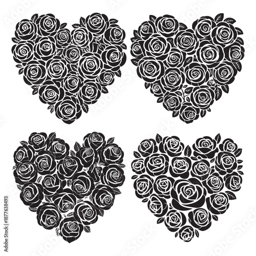 Black and White Rose Flower Heart Shape Silhouette Set Romantic Floral Love Design