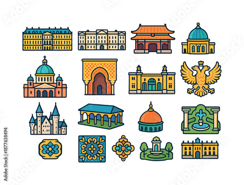 Isometric Historic Palaces. Historic palaces. Colorful isometric vector icons set of historic palaces: Versailles palace, Buckingham Palace, Forbidden City
