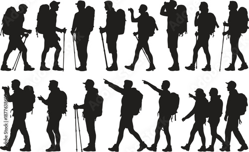 Silhouette of hikers with trekking poles, adventure exploration, outdoor hike, vector illustration
