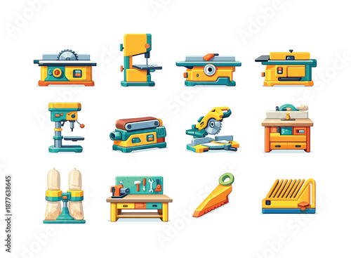 Woodshop Machine Icons. Woodshop Machines. Colorful flat vector icons set of Woodshop Machines: table saw, band saw, jointer, planer, drill press, belt sander,