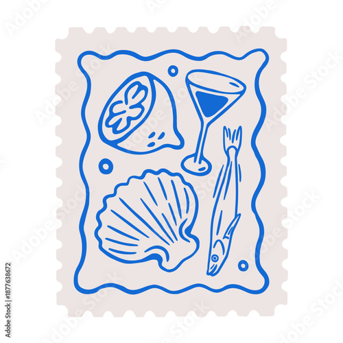Dolce vita stamp, postal mark design. Italian food, drink on postmark. Sardine, sea shell, lemon and wineglass, doodle sketch coastal poster. Flat vector illustration isolated on white background