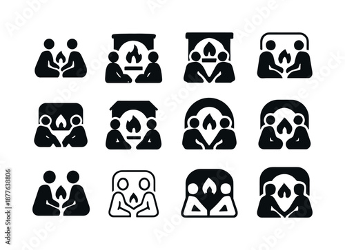Fireside Icons Collection. People enjoying a warm fire in the fireplace. Icon set. Set Logo of people enjoying a warm fire in the fireplace: intimate fireside