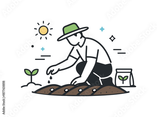Minimalist Farming Icon. Planting seeds agriculture icon. Minimal scene showing a farmer placing seeds into prepared soil, expressing patience and care. Modern