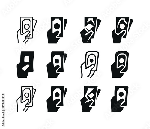 Cash Counting Icons. Counting cash. Icon set. Set Logo of counting cash: hand holding bills. harmonious logo variations of the same emblematic concept, each