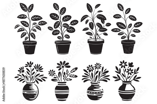 Black Potted Plants and Flower Vase Silhouette Set Minimal Botanical Home Decor Vector Icons