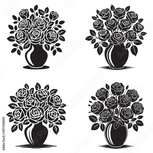 Black Rose Flower Bouquet in Vase Silhouette Set Elegant Floral Home Decor Vector Icons