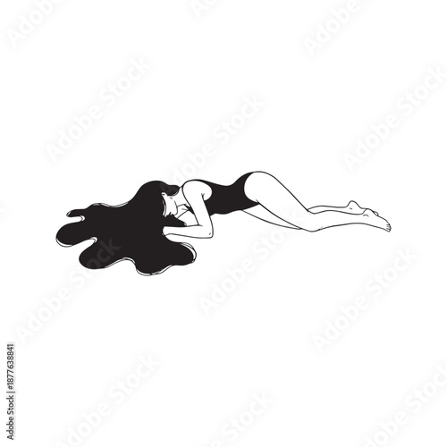 Woman lying face down in bodysuit, minimalist vector line art illustration. Sketch of girl resting or sleeping on floor. Hand drawn female figure in swimwear or lingerie.
